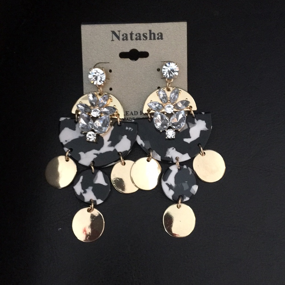 Natasha Half moon Crystal & Gold, Blk Wh Disks
